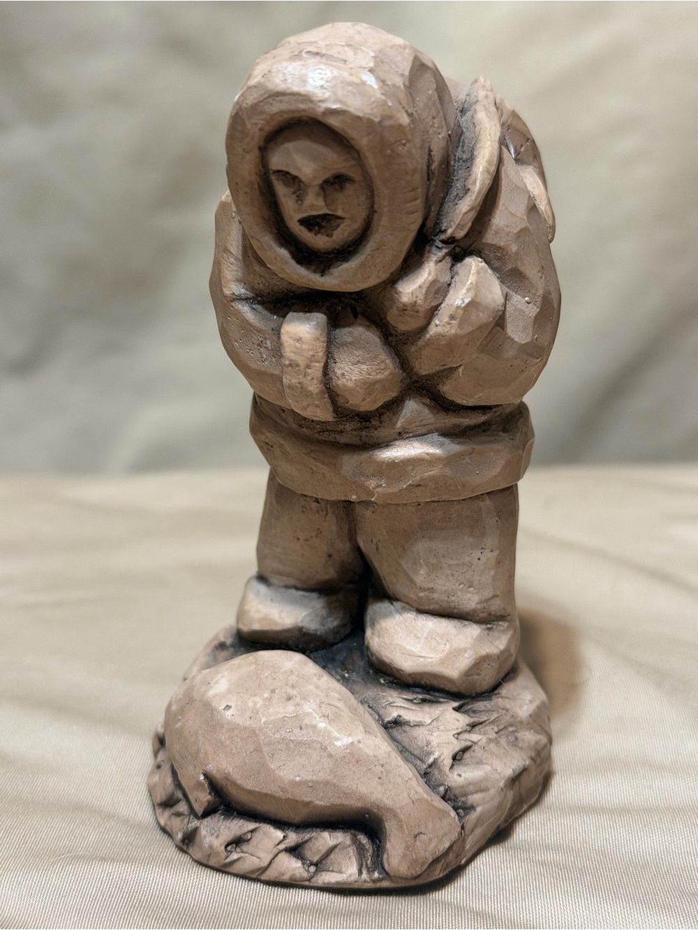 Hand-Carved Eskimo Figurine Sculpture in Light Brown